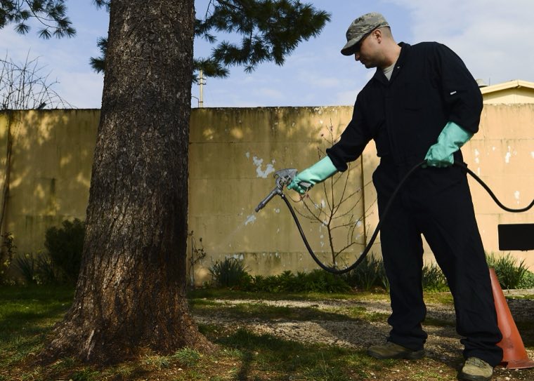 Pest control technician in overalls and gloves spraying a garden perimeter